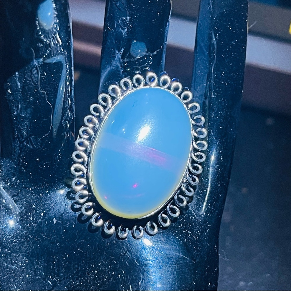 New 925 Sterling Silver Blue Yellow Triplet Opalite Artisten Oval Cut Ring - Picture 15 of 17